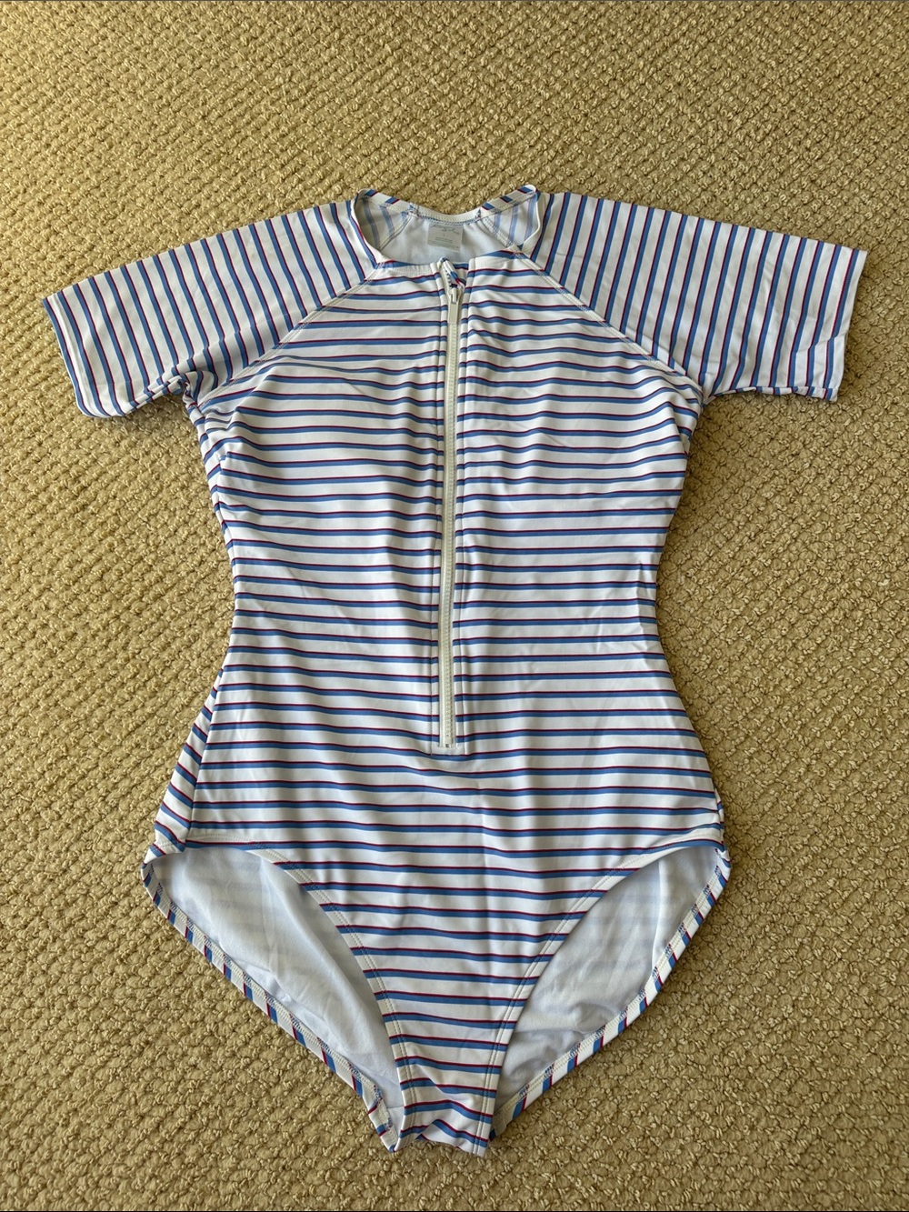 Kona Sol Short-Sleeve One-Piece Swimsuit - White with Blue & Red Stripes size L